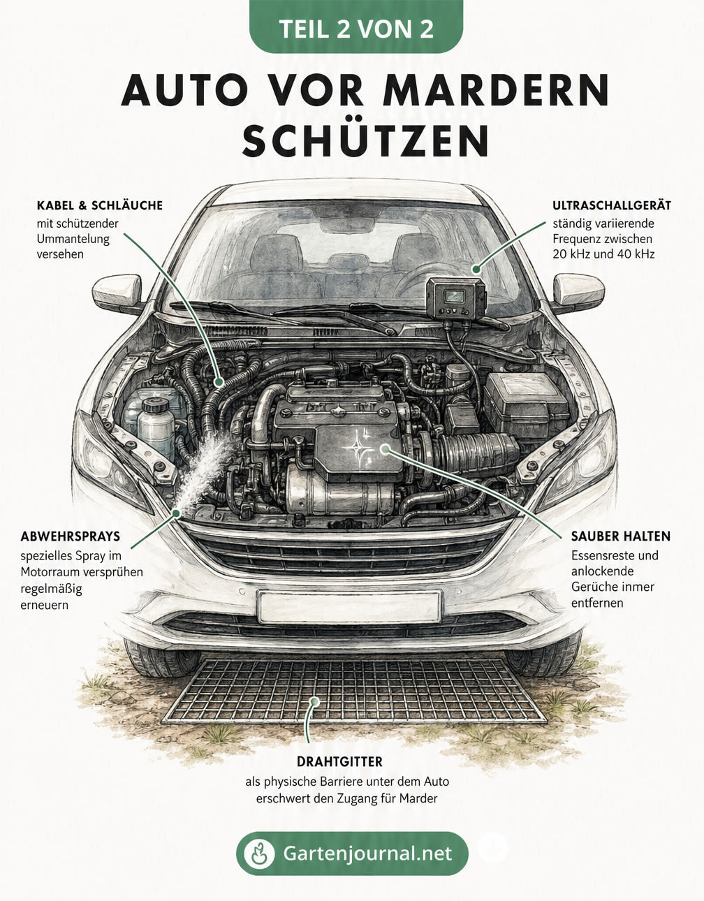 Zeichnung eines Autos mit Markierungen für Marderabwehr-Methoden wie Ultraschall, Kabelschutz und Drahtgitter