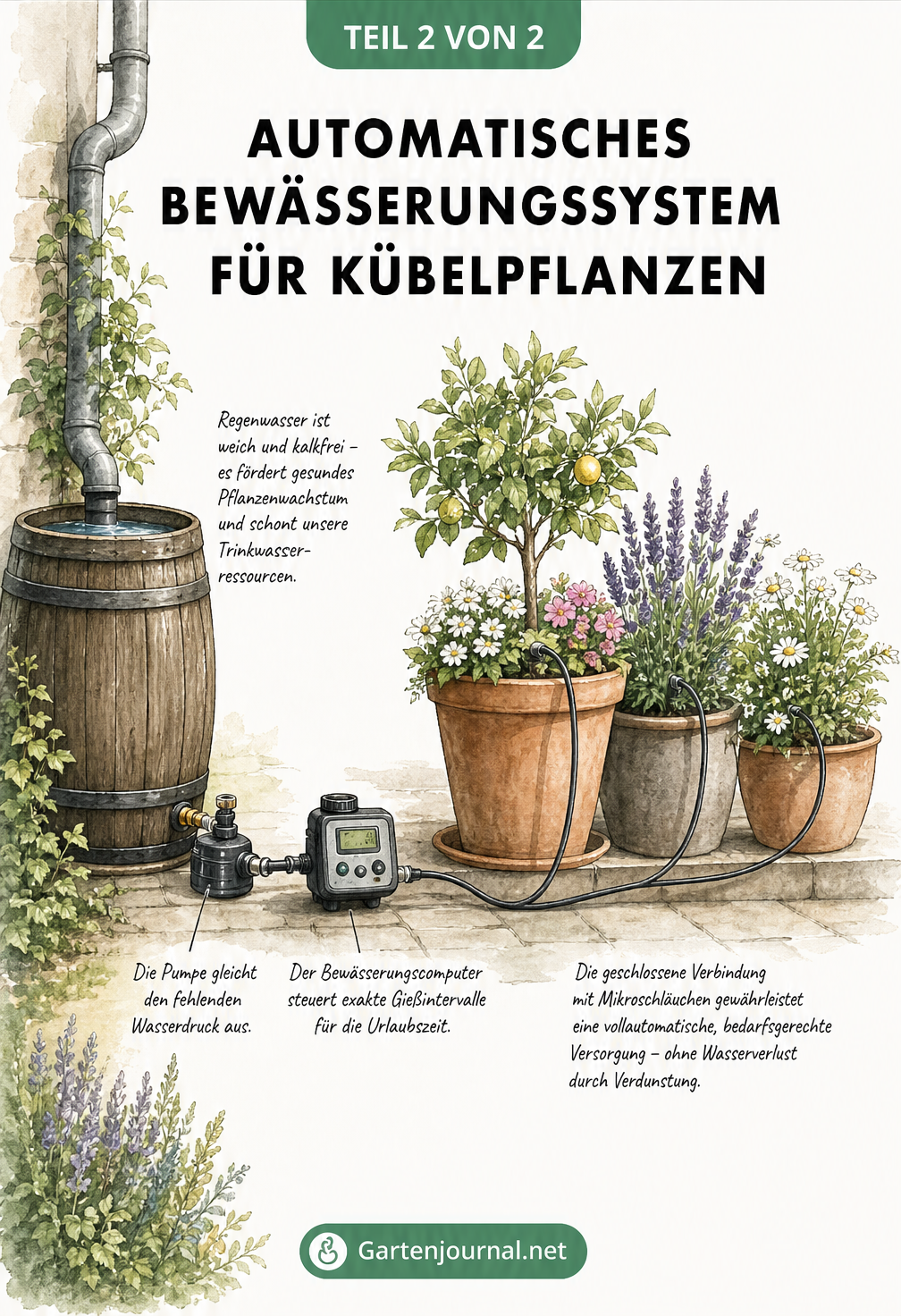 Skizze eines automatischen Bewässerungssystems für Kübelpflanzen, von der Regentonne über Pumpe und Bewässerungscomputer bis zu den Mikroschläuchen in den...