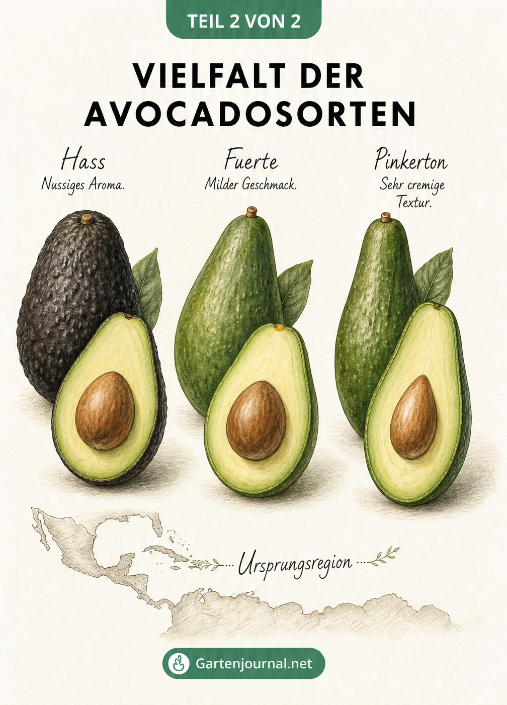 Illustration der Avocadosorten Hass, Fuerte und Pinkerton im Vergleich