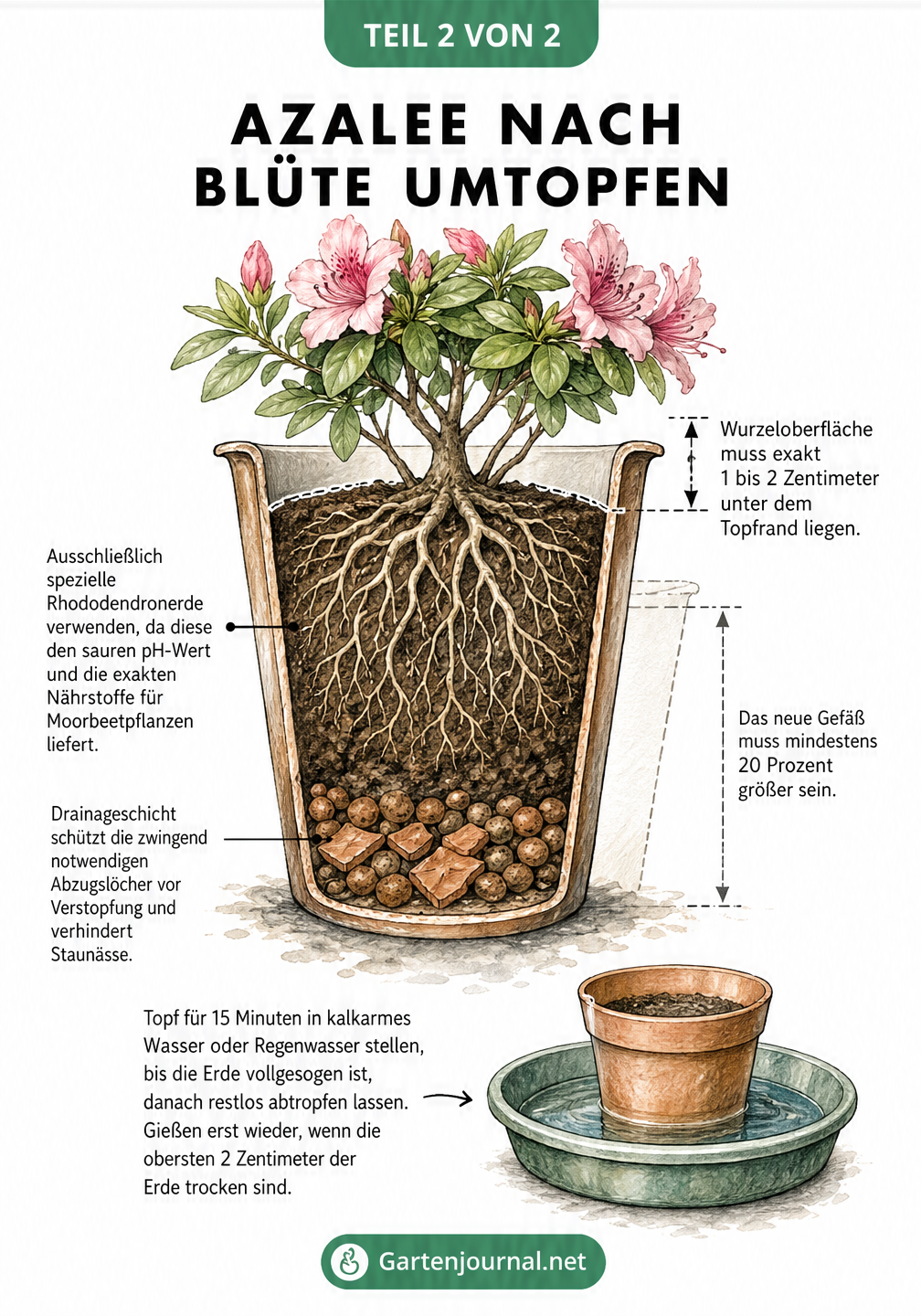Querschnitt eines Blumentopfs mit einer Azalee, der die Drainageschicht, Rhododendronerde und die richtige Pflanztiefe beim Umtopfen zeigt
