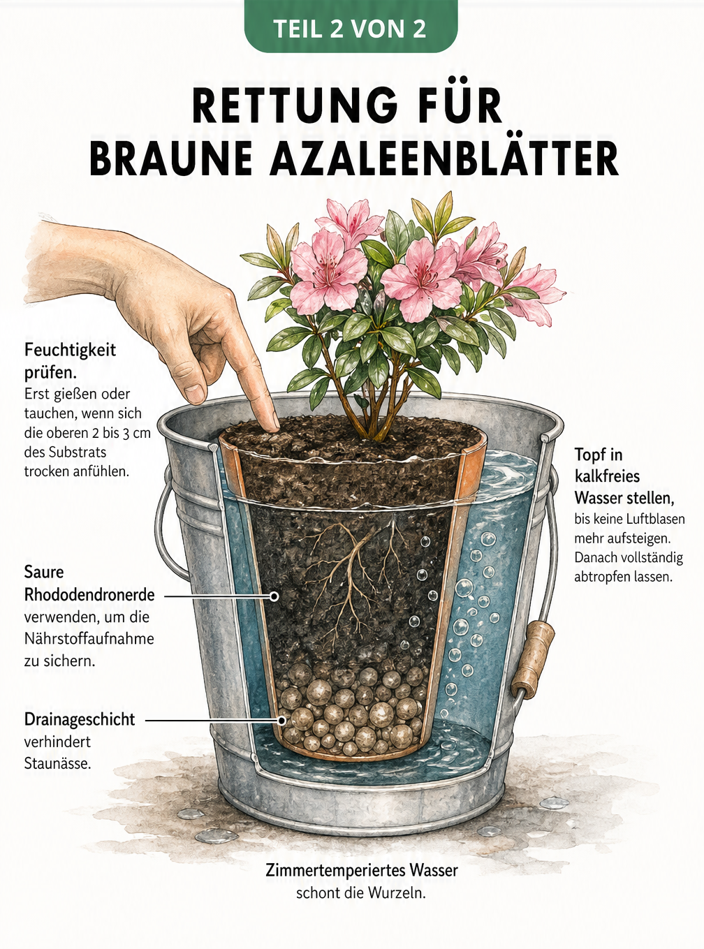 Querschnitt-Zeichnung eines Tauchbads für eine Topfazalee in einem Zinkeimer, inklusive Fingertest zur Feuchtigkeitsprüfung.