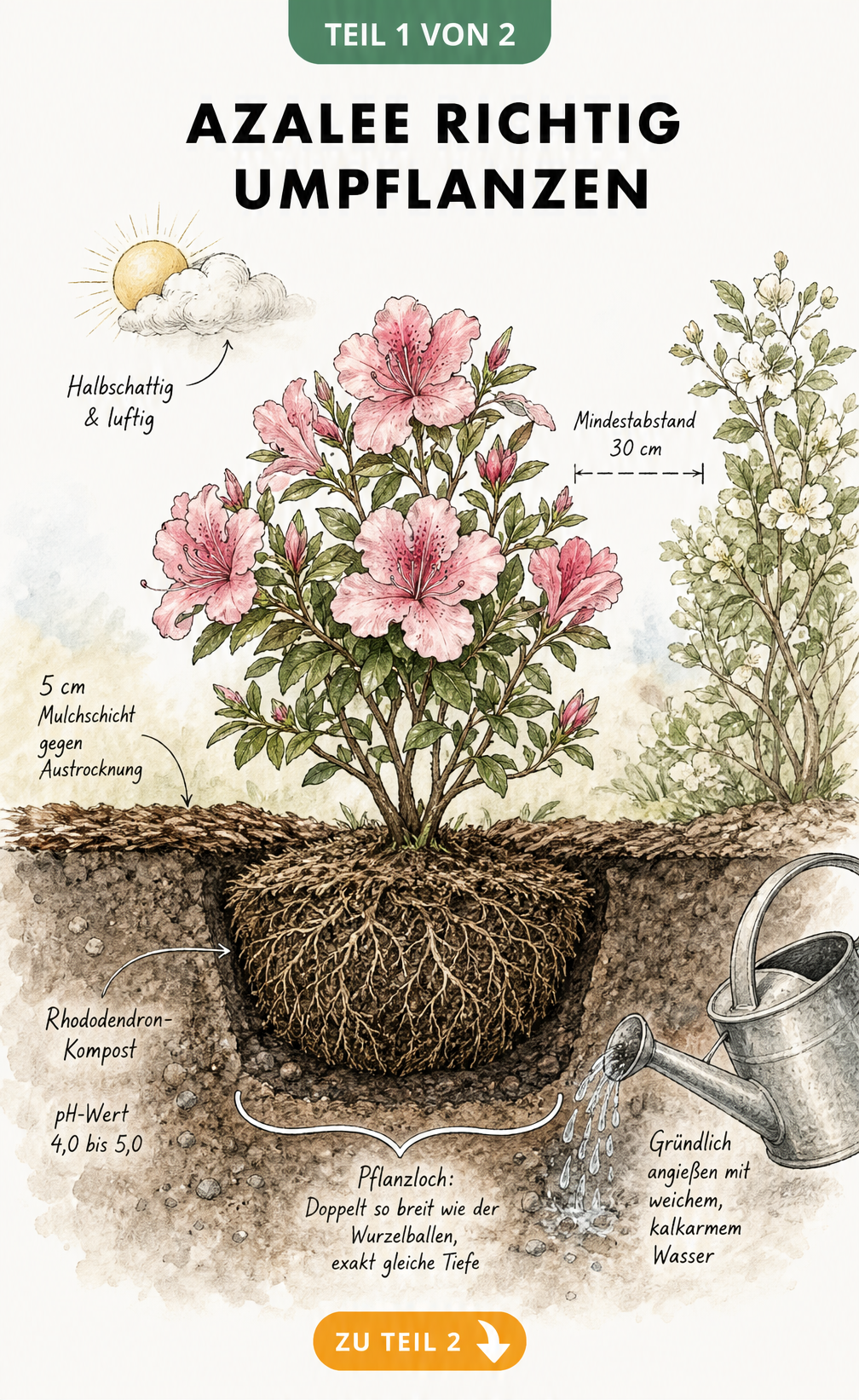 Botanische Querschnitt-Illustration einer Azalee im Erdreich mit Pflanzloch, Mulchschicht und Gießkanne
