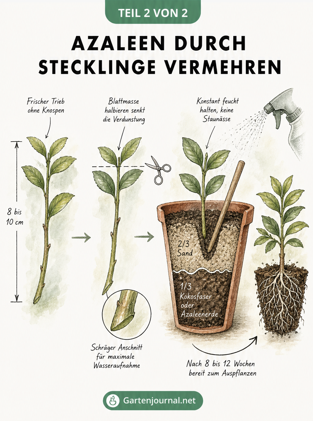 Illustration der Azaleen-Vermehrung durch Stecklinge in drei Phasen: frischer Trieb, präparierter Steckling und Einpflanzen in Terrakotta-Topf