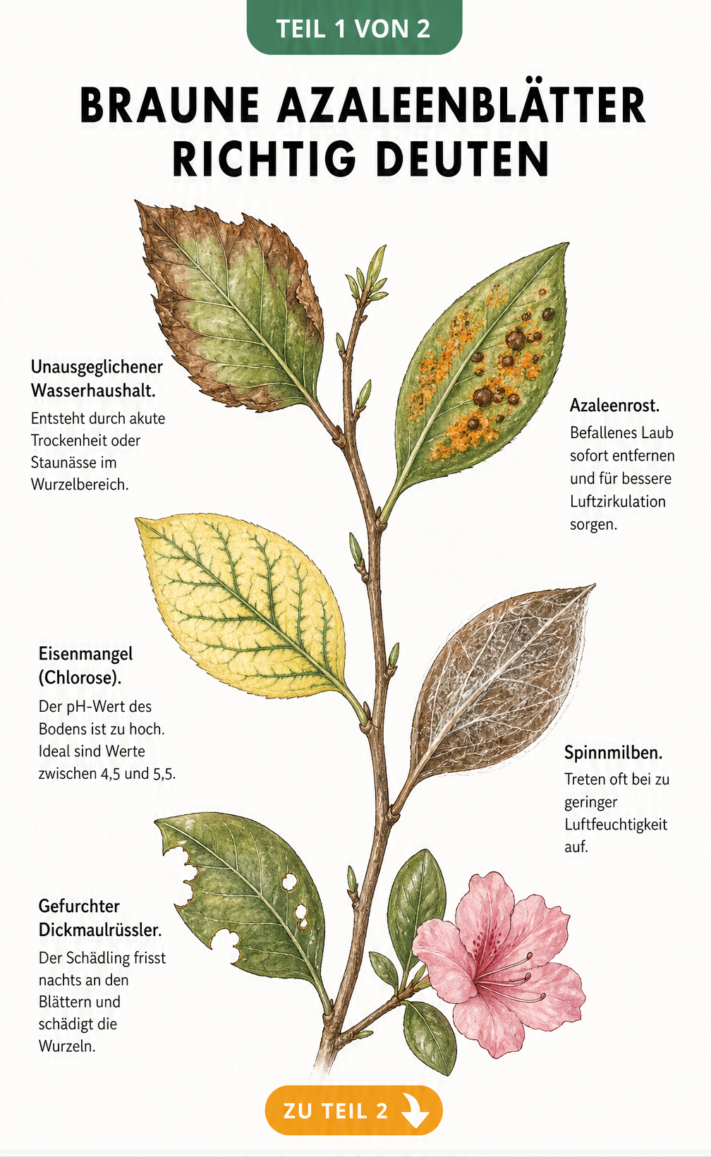 Botanische Illustration von fünf Azaleenblättern mit verschiedenen Schadbildern wie braunen Rändern, Rostflecken, Chlorose, Spinnmilben und Fraßspuren.