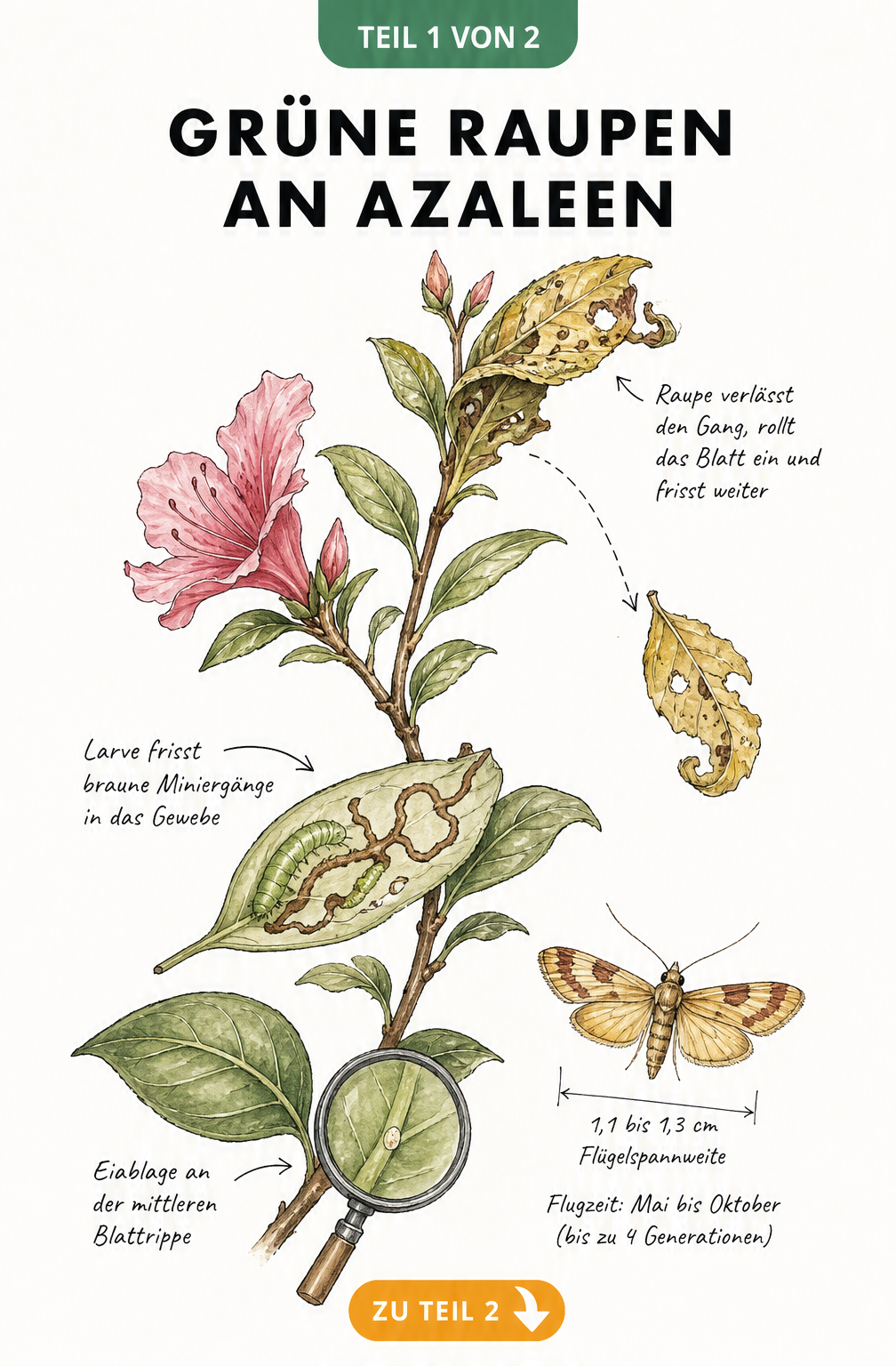 Botanische Illustration des Lebenszyklus der Azaleenminiermotte an einem Azaleenzweig mit Eiablage, Larve und Falter