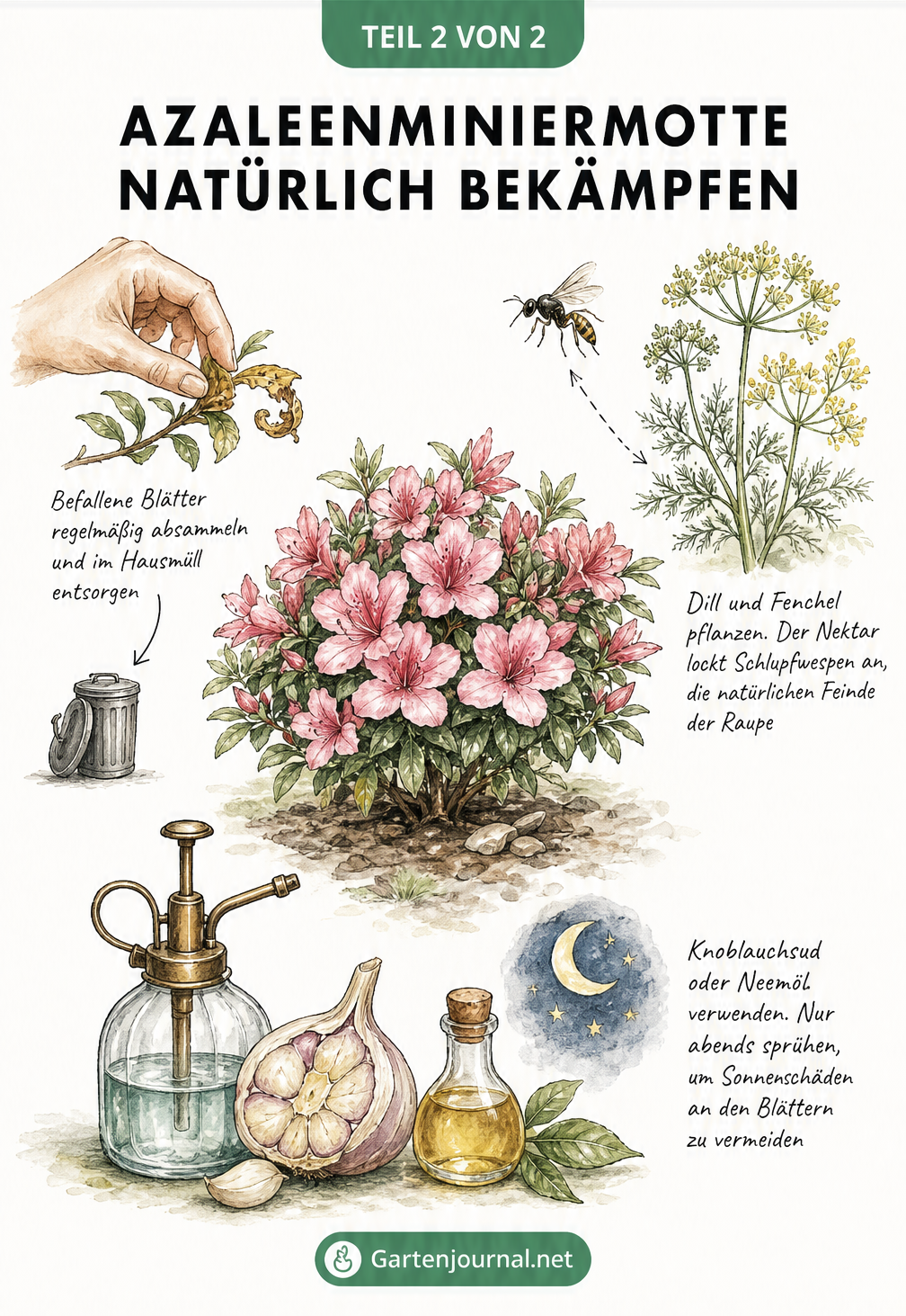 Skizze zur natürlichen Bekämpfung der Azaleenminiermotte durch Absammeln, Nützlinge wie Schlupfwespen und natürliche Spritzmittel