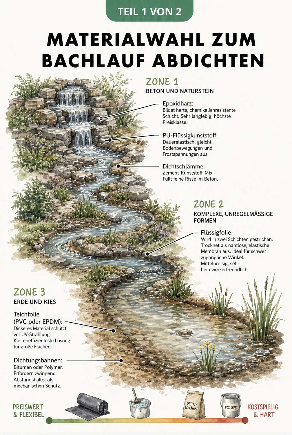 Illustration eines Bachlaufs mit verschiedenen Untergrund-Zonen und passenden Abdichtungsmaterialien wie Epoxidharz, Flüssigfolie und Teichfolie