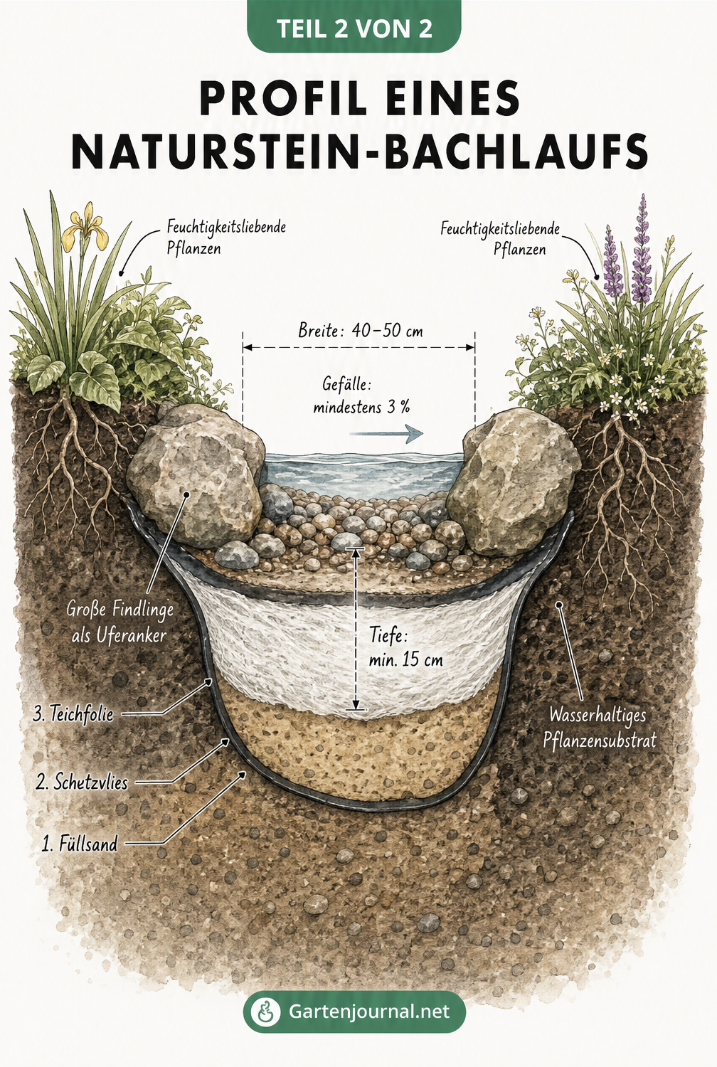 Querschnitt durch ein Bachbett mit Füllsand, Schutzvlies, Teichfolie und Uferbepflanzung