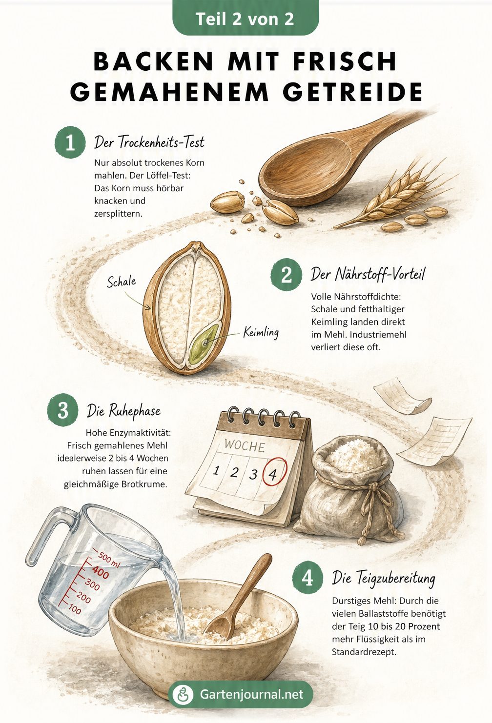 Illustration der vier Schritte beim Backen mit frisch gemahlenem Getreide: Trockenheits-Test, Nährstoff-Vorteil, Ruhephase und Teigzubereitung