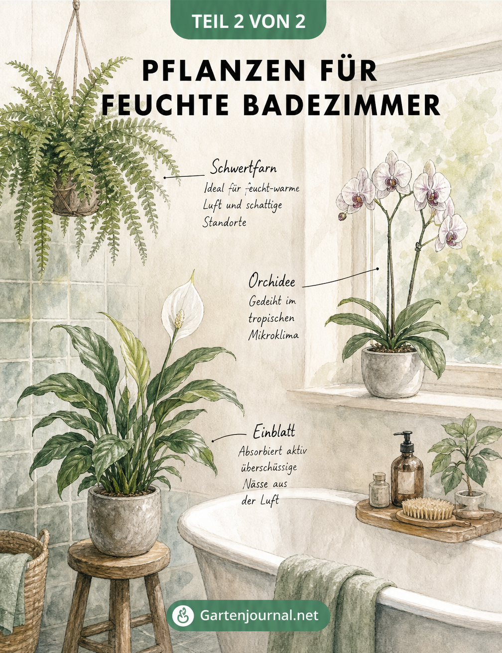 Aquarell-Illustration eines Badezimmers mit Schwertfarn, Einblatt und Orchidee an ihren idealen Standorten