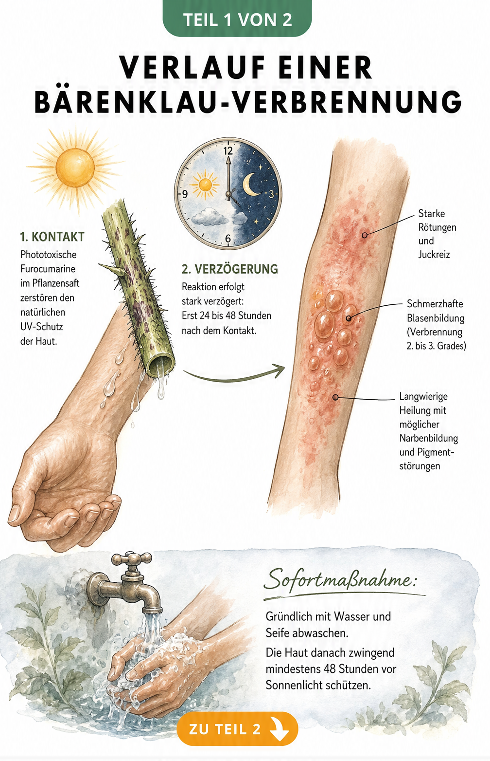 Illustration des Verlaufs einer Bärenklau-Verbrennung am Unterarm mit Ursache, Latenzzeit und Symptomen