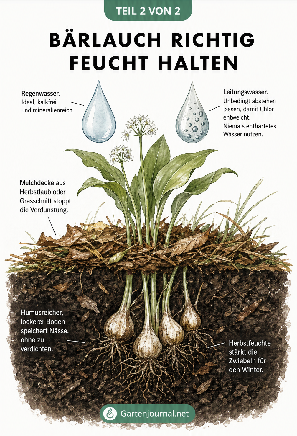 Querschnitt-Darstellung von Bärlauch mit Wasserquellen, Mulchschicht und Wurzelwerk im Erdreich