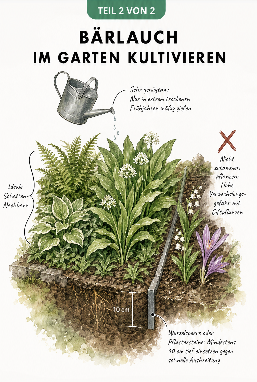 Isometrische Illustration eines Gartenbeets mit Bärlauch, Wurzelsperre und passenden Nachbarpflanzen
