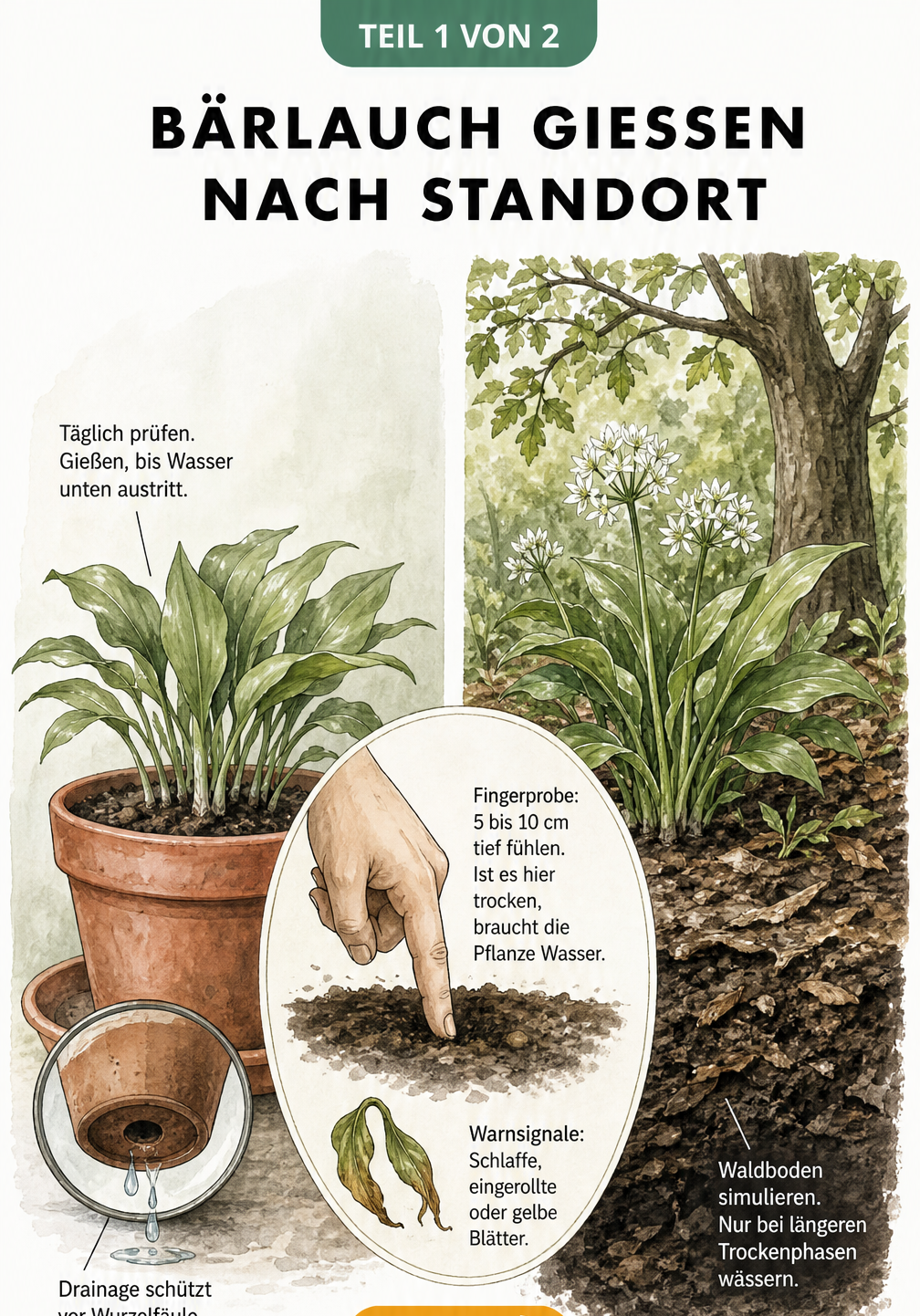Illustration von Bärlauch im Topf und im Gartenboden mit Hinweisen zur Bewässerung und Fingerprobe
