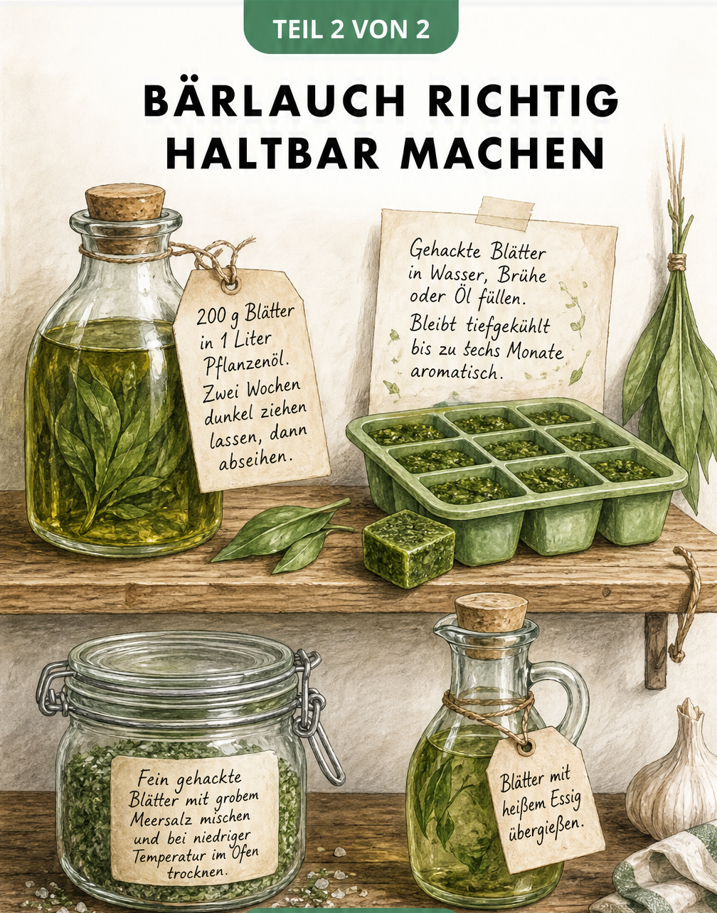 Illustration verschiedener Methoden zur Konservierung von Bärlauch in Gläsern und Flaschen auf einem Holzregal