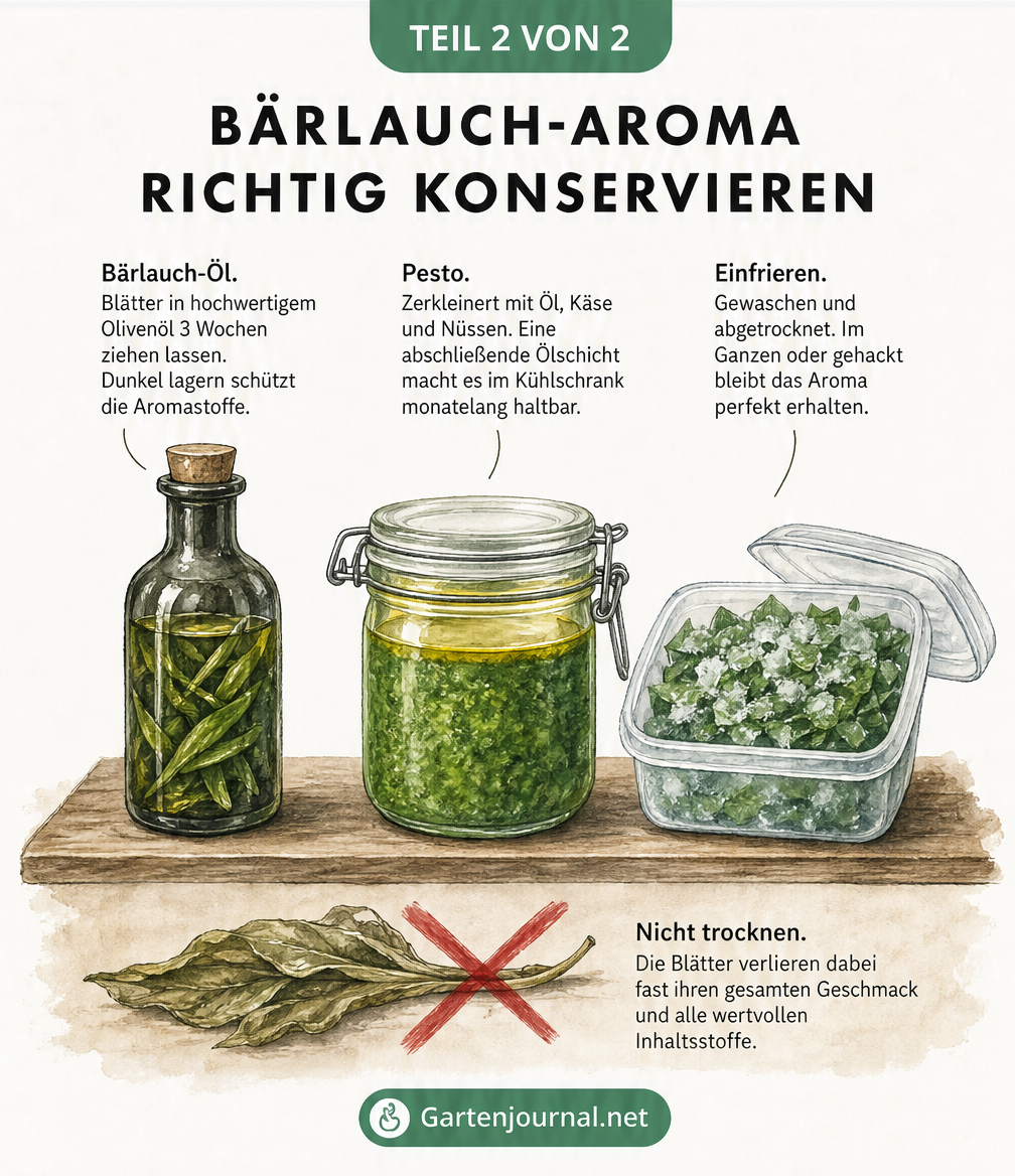 Illustration von drei Konservierungsmethoden für Bärlauch: Einlegen in Öl, Verarbeitung zu Pesto und Einfrieren, sowie ein Hinweis gegen das Trocknen.
