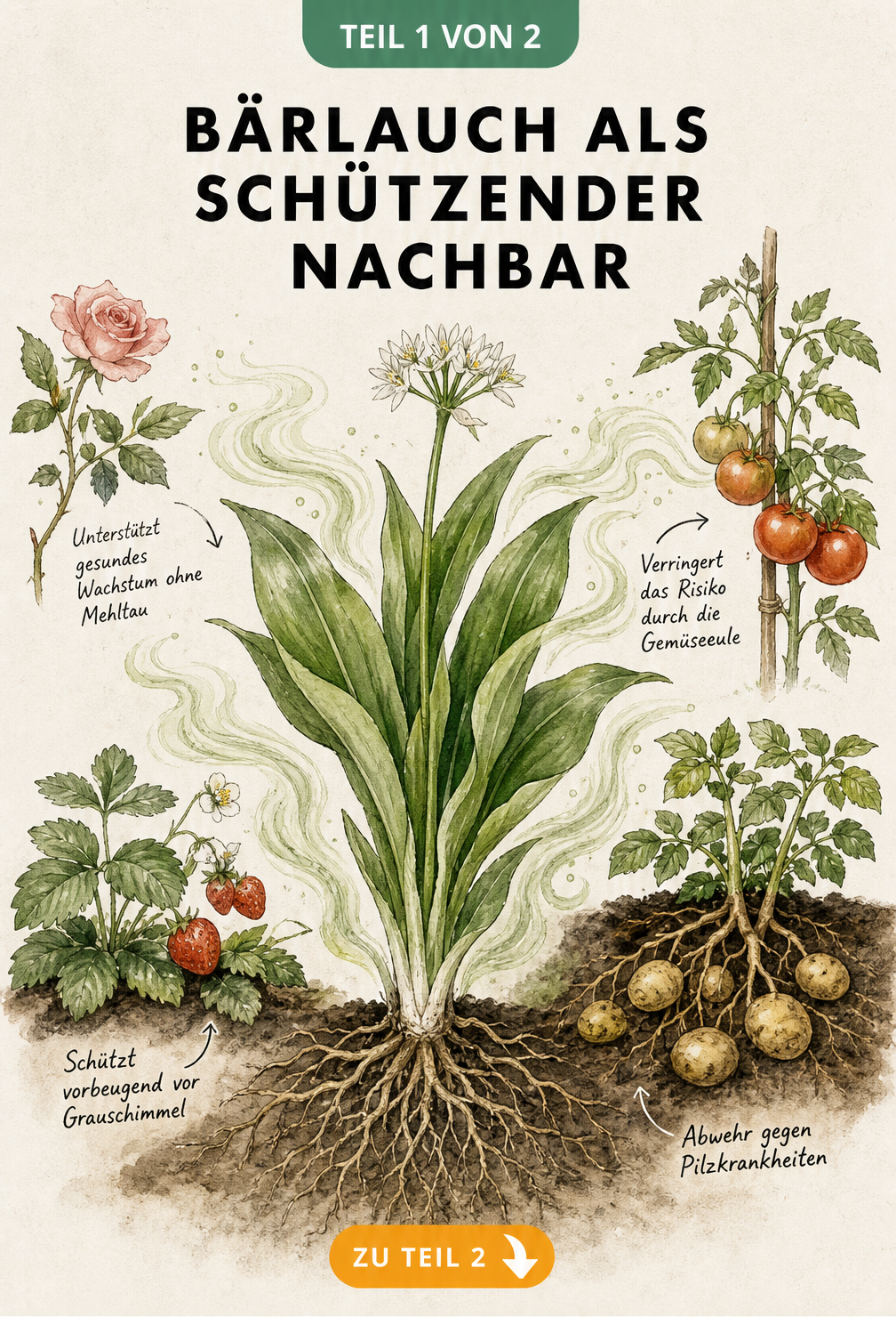 Botanische Illustration von Bärlauch, der Erdbeeren, Rosen, Tomaten und Kartoffeln vor Pilzkrankheiten schützt