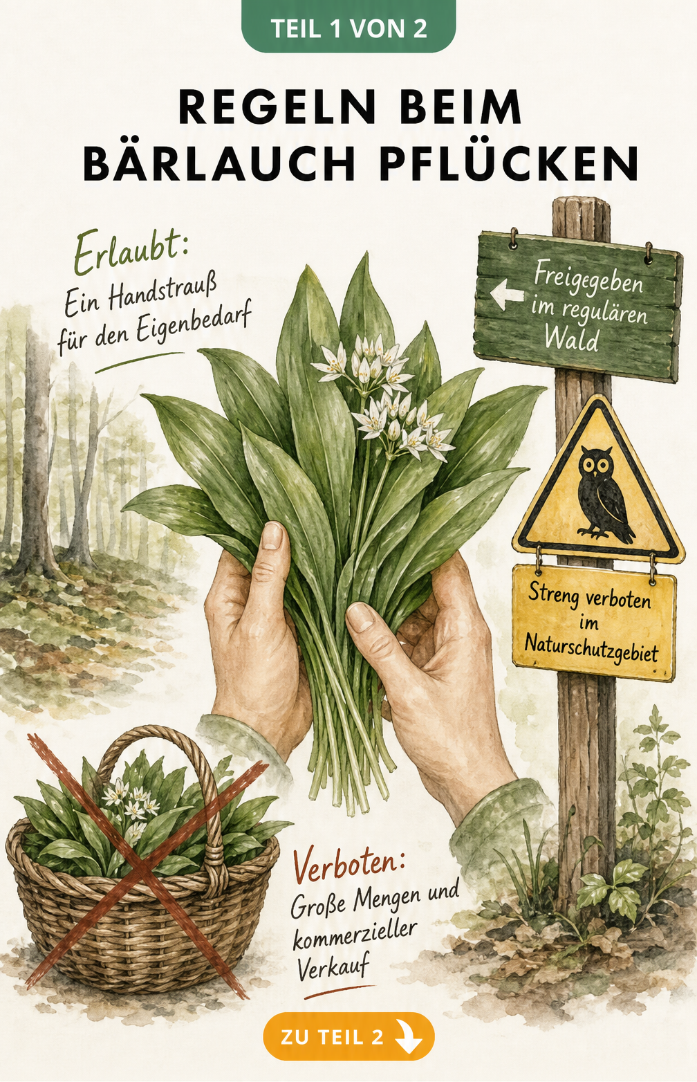 Illustration von Händen mit Bärlauchstrauß, einem durchgestrichenen Korb und Schildern zu Naturschutzgebieten