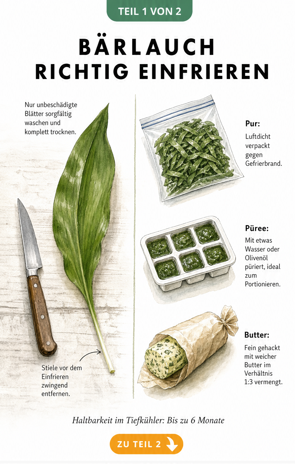 Illustration von Bärlauchblättern und drei Methoden zum Einfrieren: pur im Beutel, als Püree im Eiswürfelbehälter und als Kräuterbutter.
