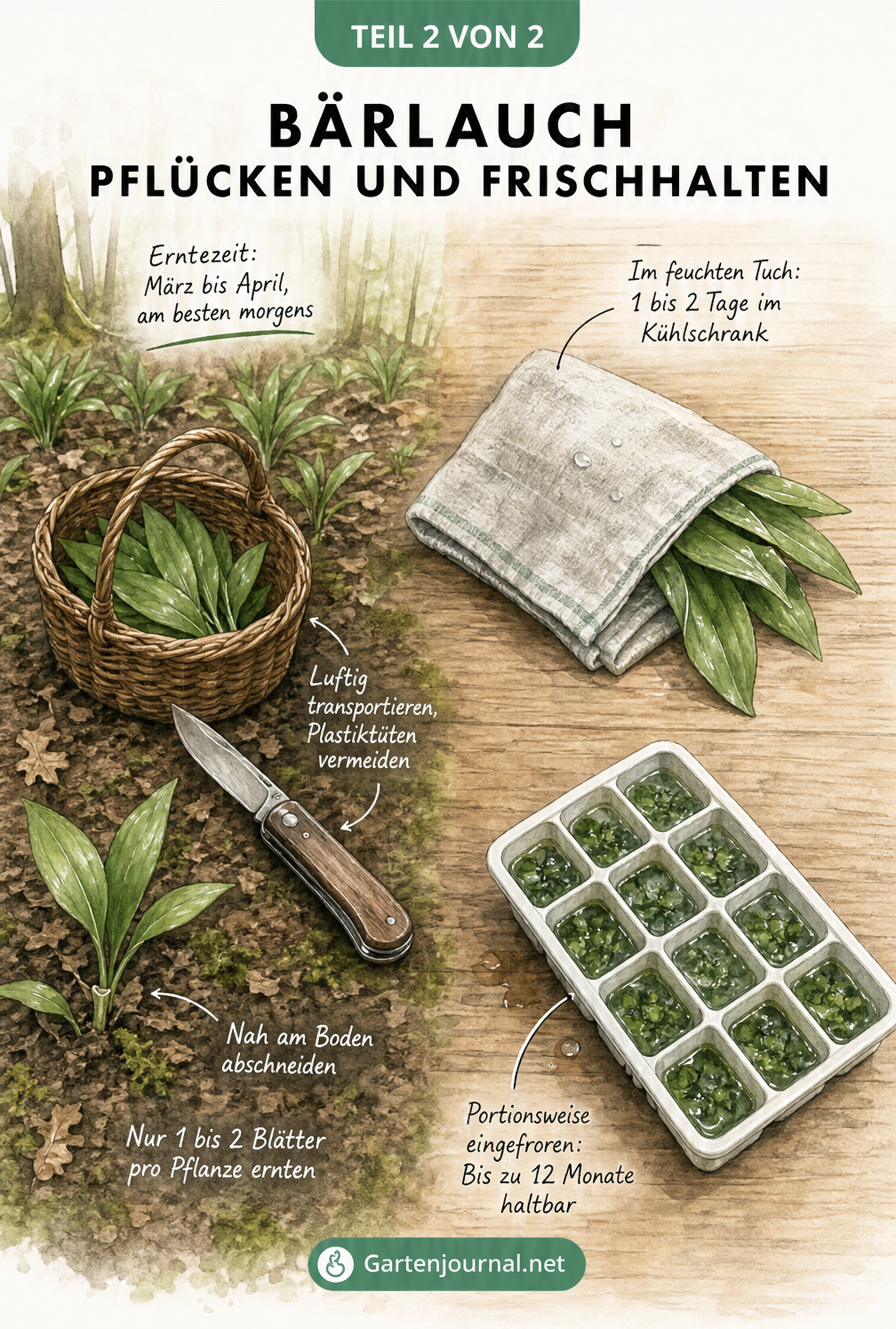 Illustration zum richtigen Ernten von Bärlauch im Wald und der anschließenden Lagerung im Kühlschrank oder Gefrierfach.