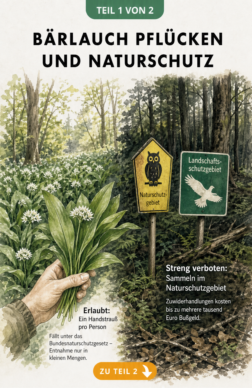 Illustration von Bärlauch im Wald mit Hinweisen zum Naturschutz und erlaubten Sammelmengen