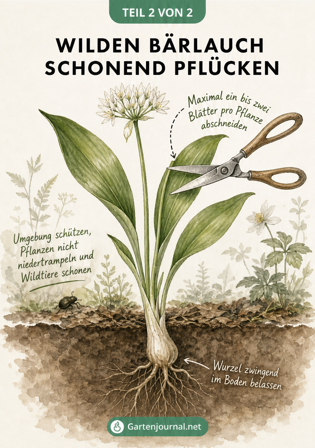 Botanische Zeichnung einer Bärlauchpflanze mit Wurzel und Ernteschere am Blattstiel