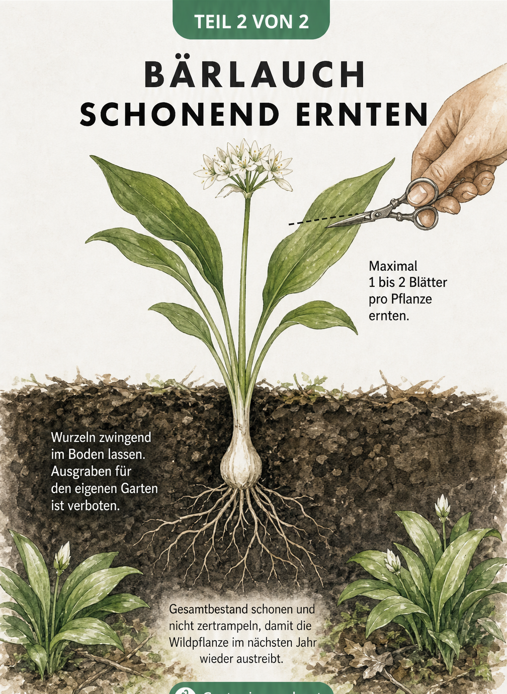 Botanische Zeichnung einer Bärlauchpflanze mit Hinweisen zur schonenden Ernte