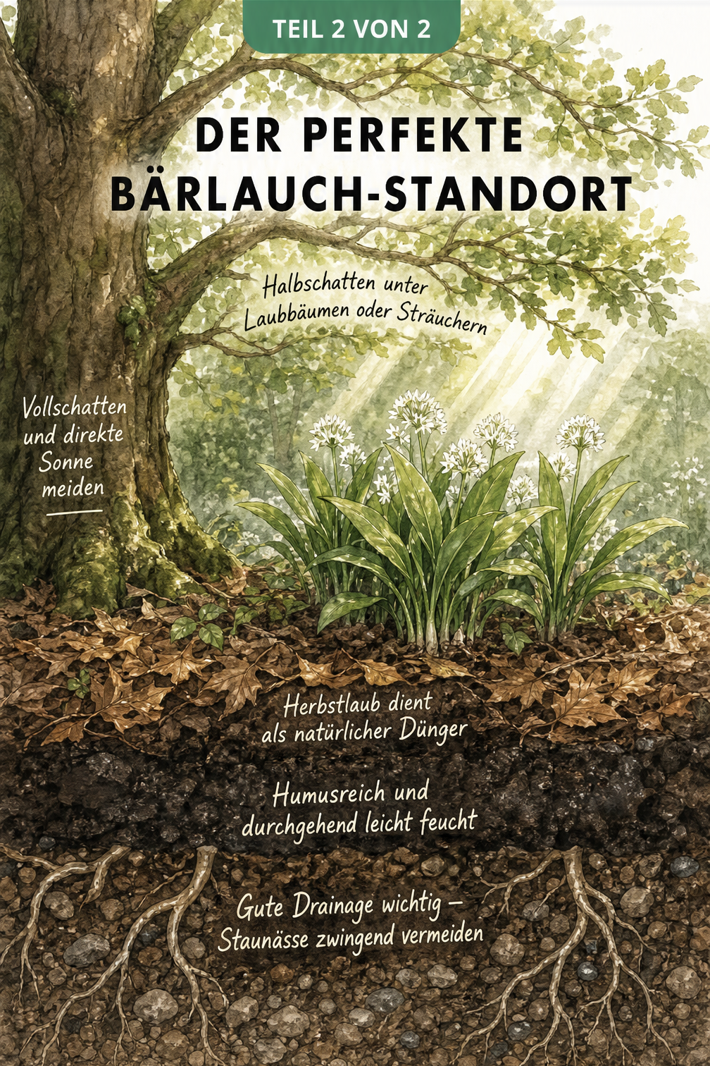 Illustration des idealen Bärlauch-Standorts im Halbschatten unter Laubbäumen mit humusreichem Boden