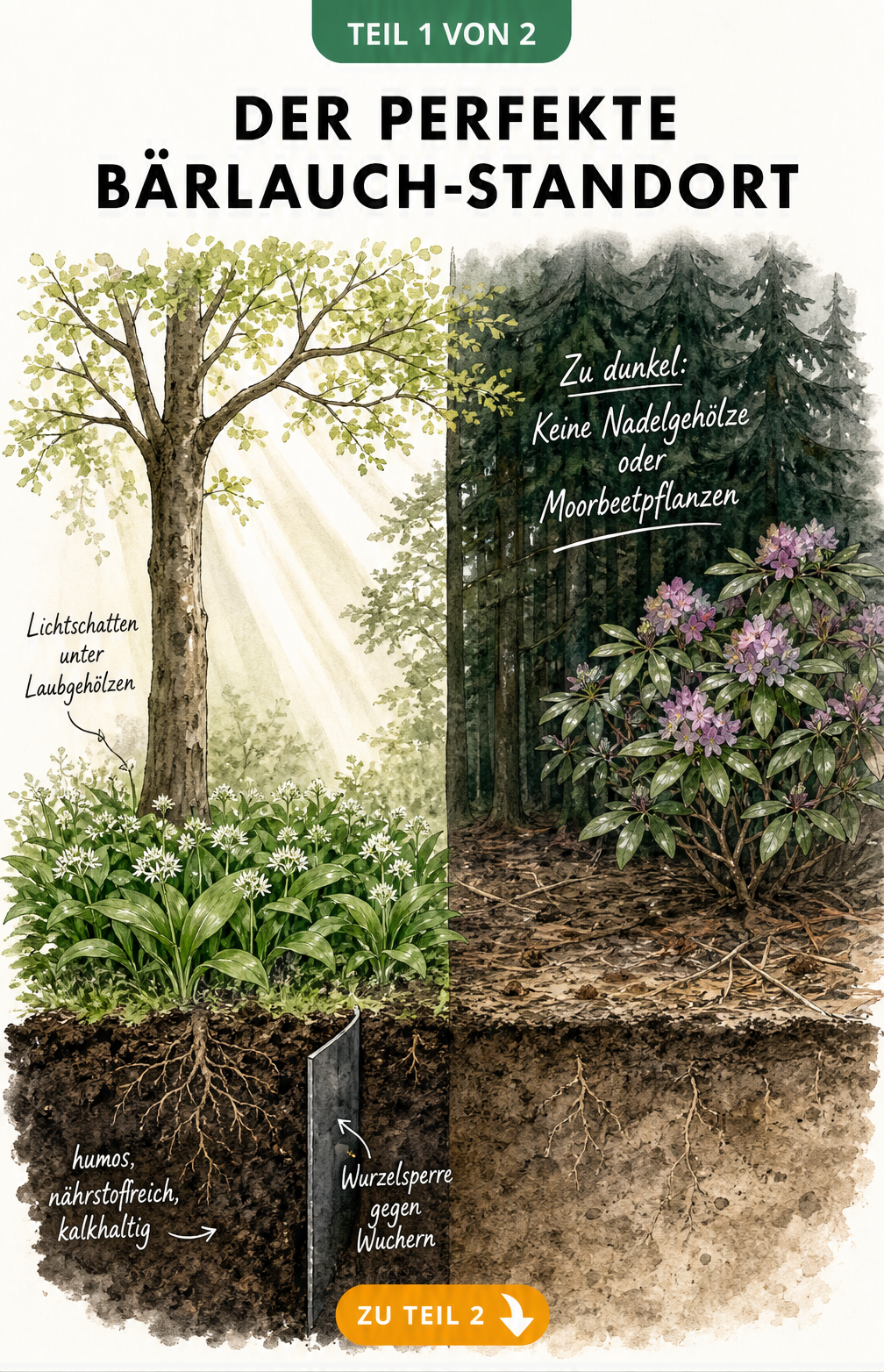 Illustration eines Gartens, die den idealen Standort für Bärlauch im Lichtschatten unter Laubbäumen im Vergleich zu ungeeigneten dunklen Nadelgehölzen zeigt.