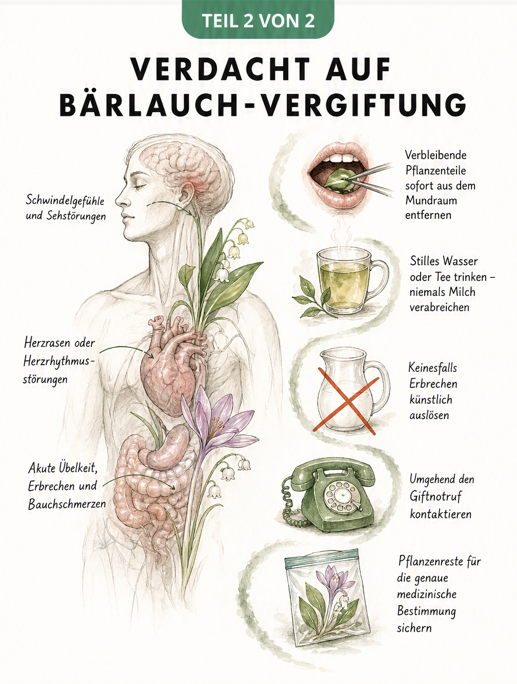 Illustration eines menschlichen Torsos mit Symptomen einer Bärlauch-Vergiftung und Erste-Hilfe-Maßnahmen.
