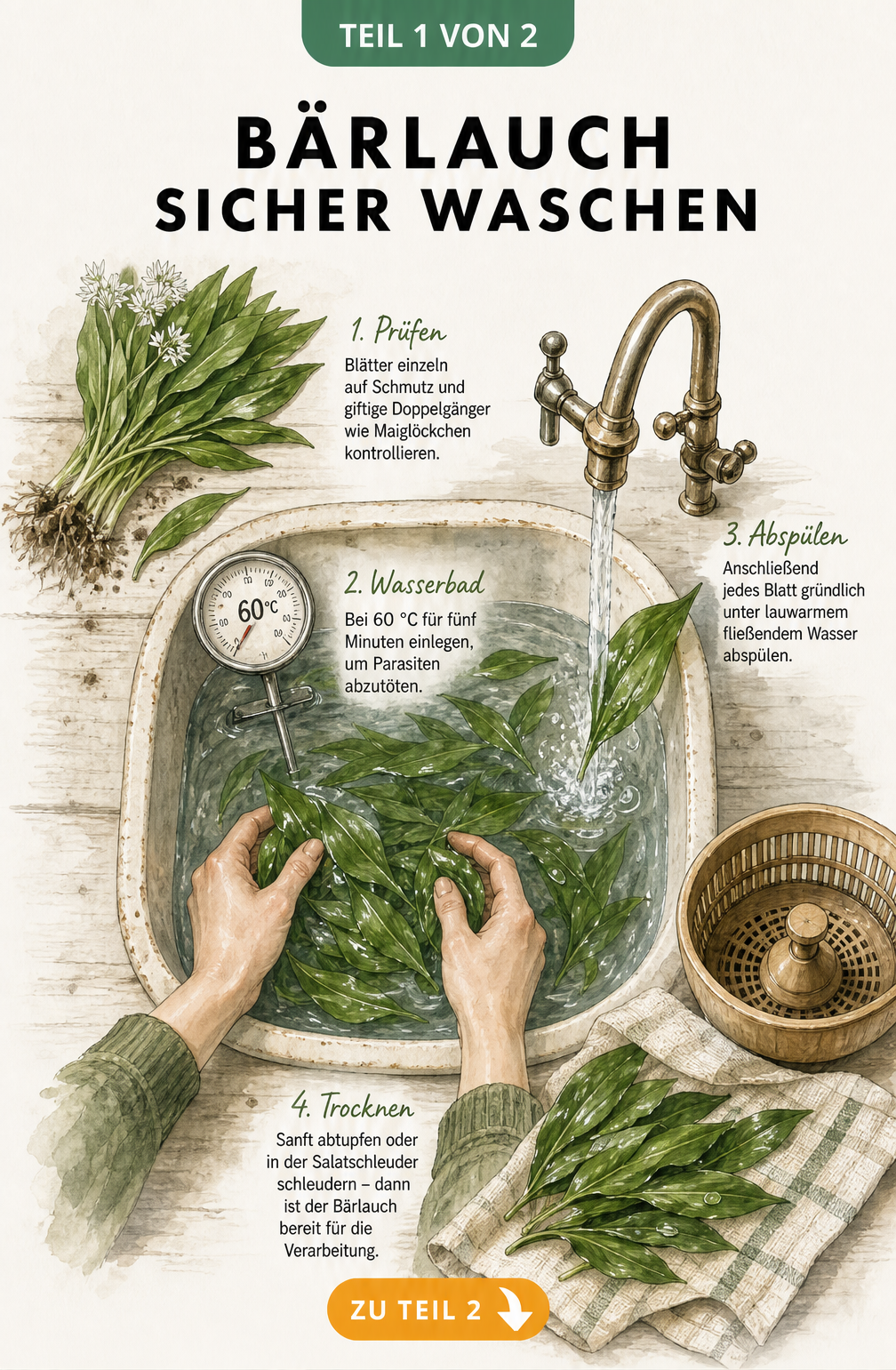 Illustration einer Küchenspüle mit Bärlauch, Thermometer bei 60 Grad und Salatschleuder