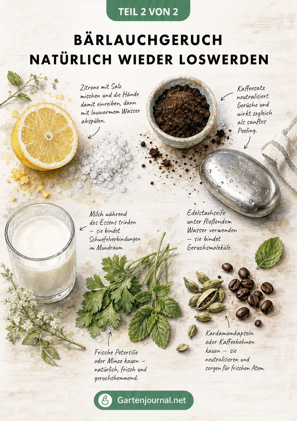 Illustration von Hausmitteln wie Zitrone, Salz, Kaffeesatz und Milch zur Neutralisierung von Bärlauchgeruch an Händen und im Atem.