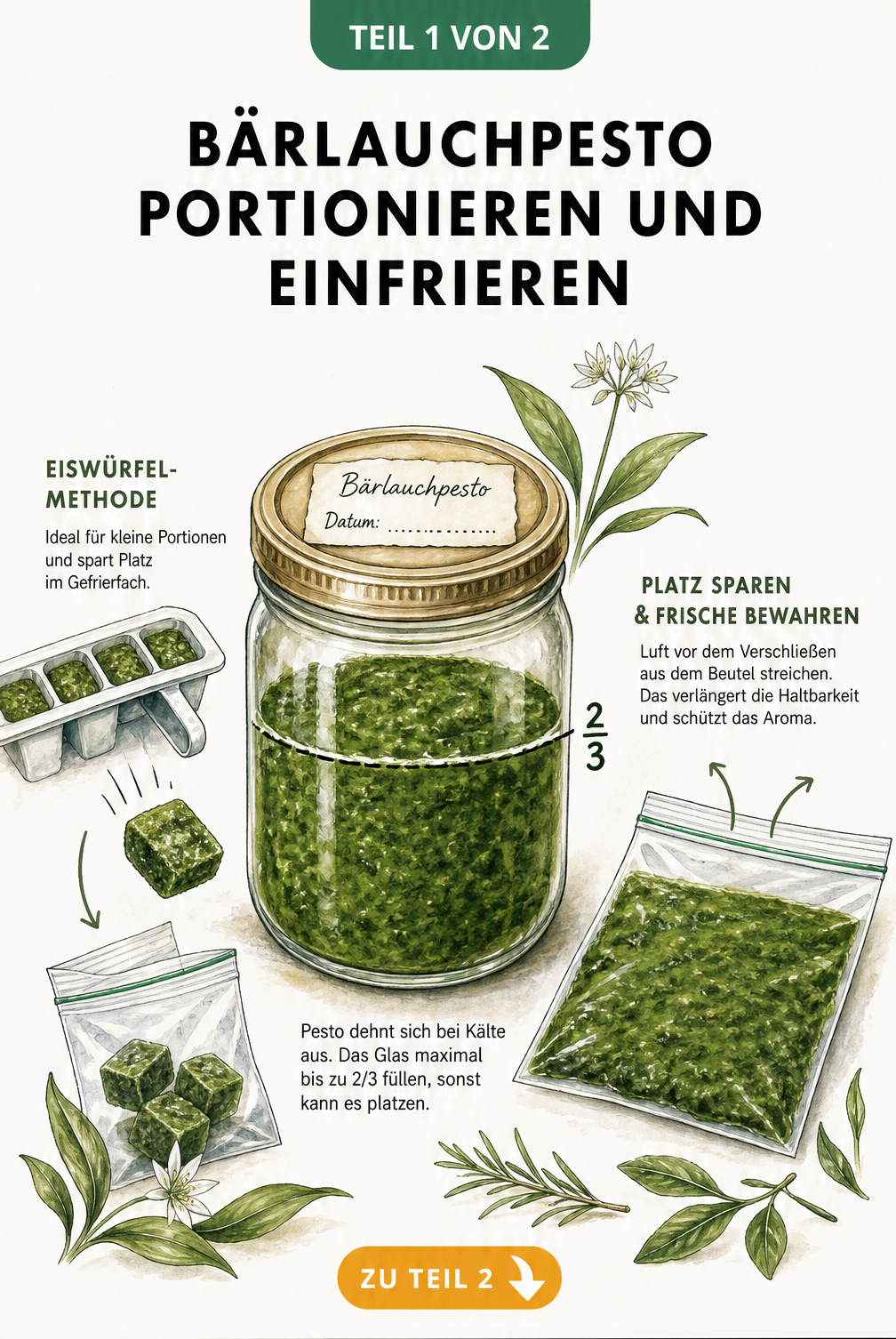 Illustration eines Einmachglases mit Bärlauchpesto und einer Eiswürfelform zum Portionieren und Einfrieren