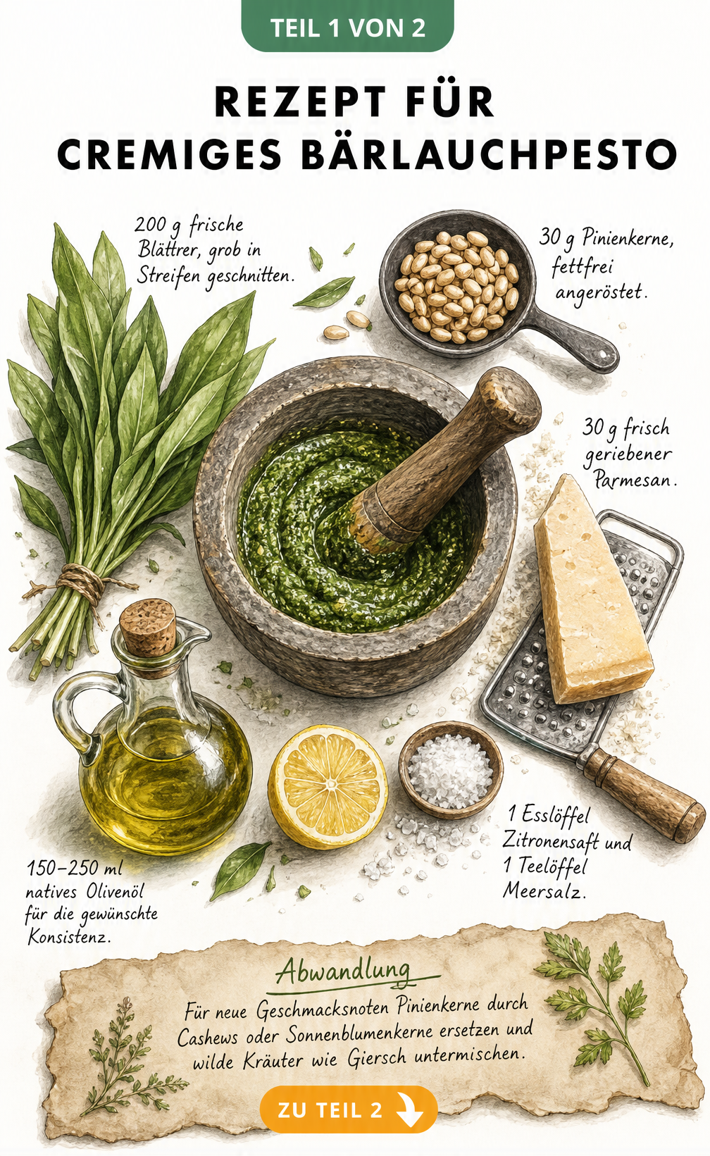 Illustration eines Mörsers mit Bärlauchpesto und Zutaten wie Pinienkernen, Parmesan, Olivenöl und Zitrone