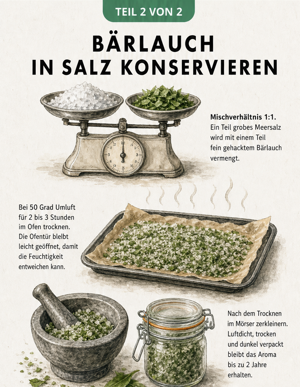 Rustikale Skizze zur Herstellung von Bärlauchsalz mit Mörser, Waage und Backblech