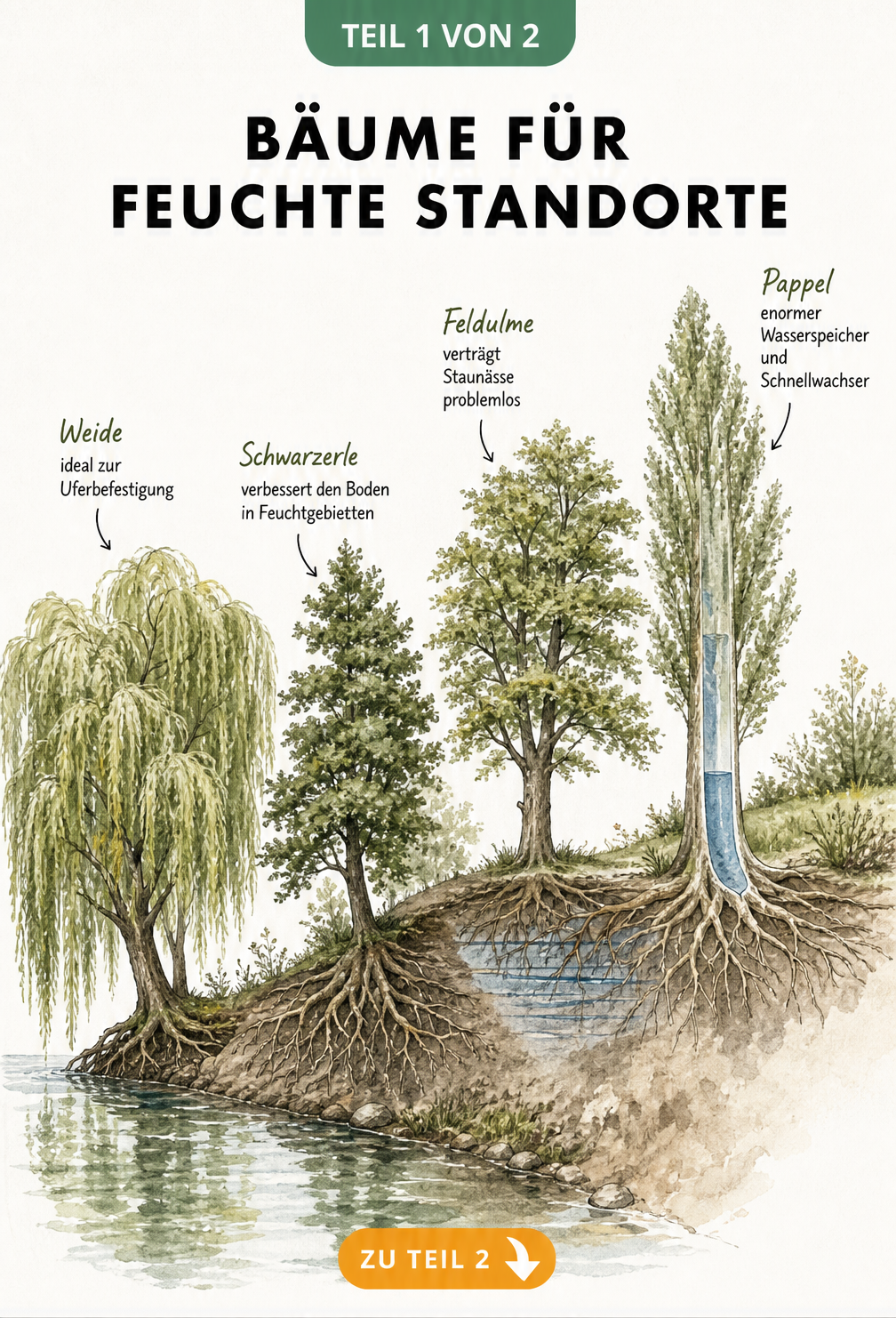 Botanische Illustration von Weide, Schwarzerle, Feldulme und Pappel an einem feuchten Uferprofil