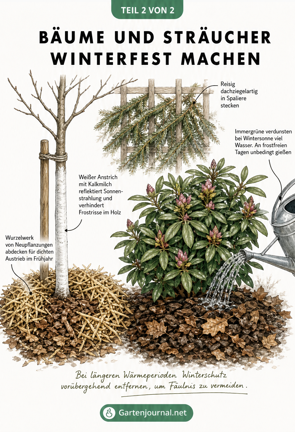 Illustration eines jungen Baumes mit weißem Stammanstrich und eines Rhododendrons, der an frostfreien Tagen gegossen wird.