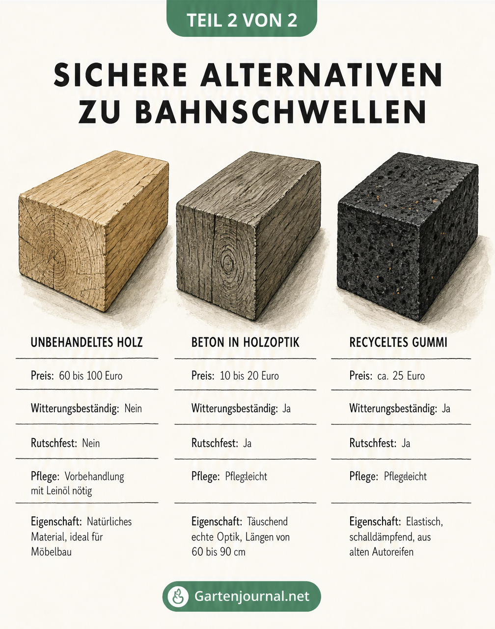 Vergleich von drei Materialproben für Bahnschwellen: unbehandeltes Holz, Beton in Holzoptik und recyceltes Gummi