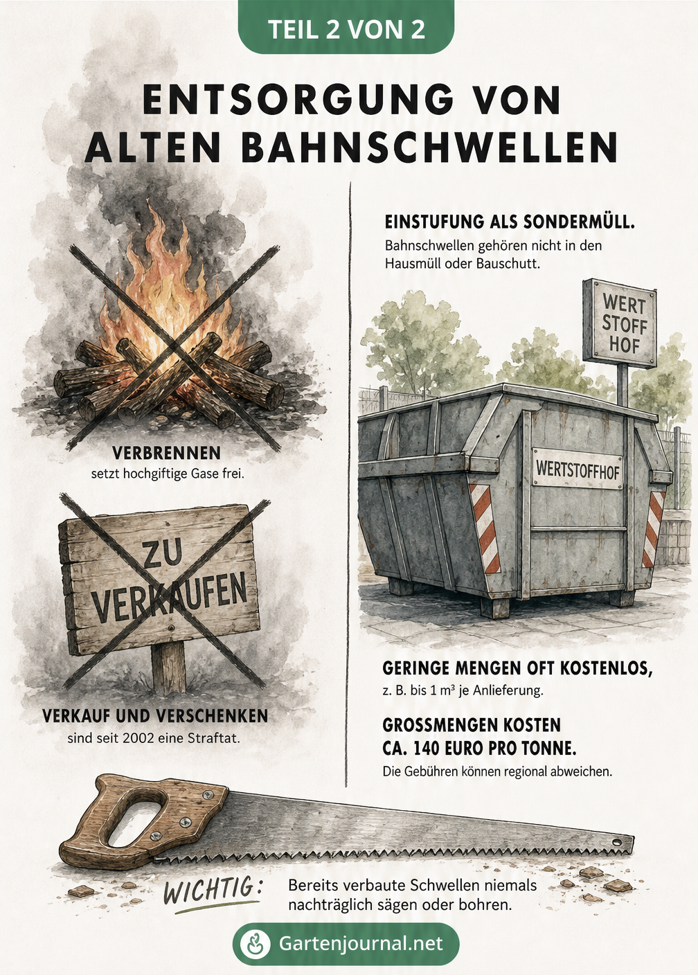 Skizze zur Entsorgung von Bahnschwellen: Verbrennen und Verkauf sind verboten, Entsorgung erfolgt als Sondermüll im Wertstoffhof