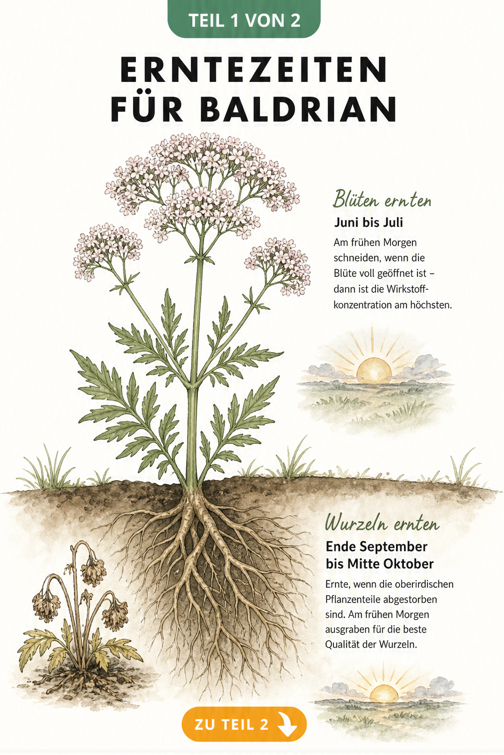 Botanische Illustration einer Baldrianpflanze mit Erntezeiten für Blüten im Sommer und Wurzeln im Herbst