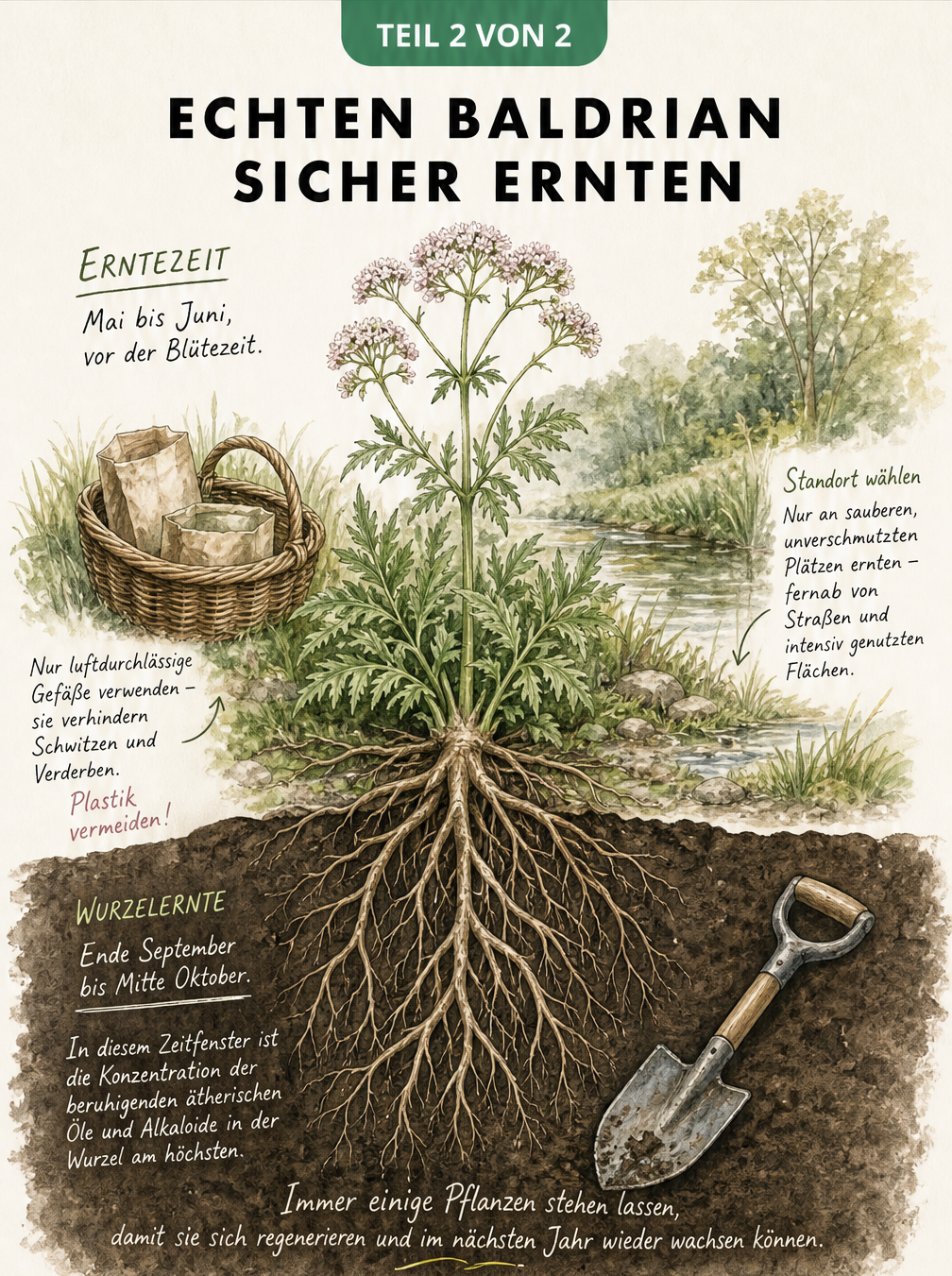 Illustration zur Ernte von Baldrian: Oberirdische Pflanzenteile im Korb und Wurzelwerk mit Ernteschaufel im Erdreich