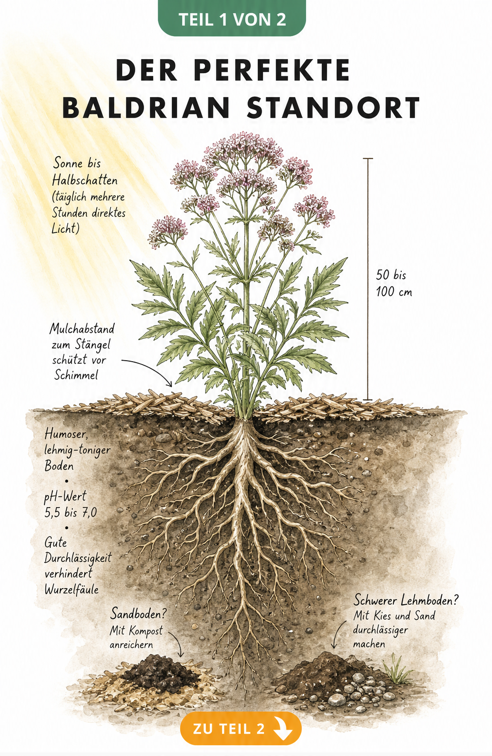 Botanische Querschnitts-Illustration von Baldrian mit Lichtverhältnissen, Wuchshöhe und Bodenanforderungen