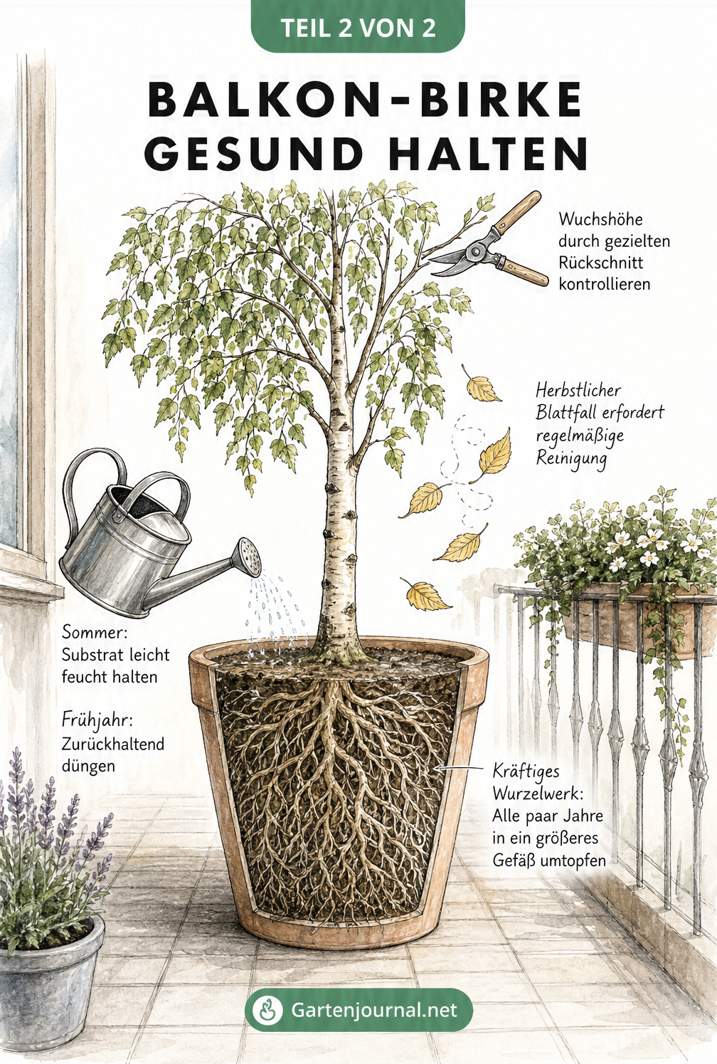 Illustration einer Birke im Topf mit Pflegehinweisen zu Rückschnitt, Gießen, Düngen und Umtopfen.