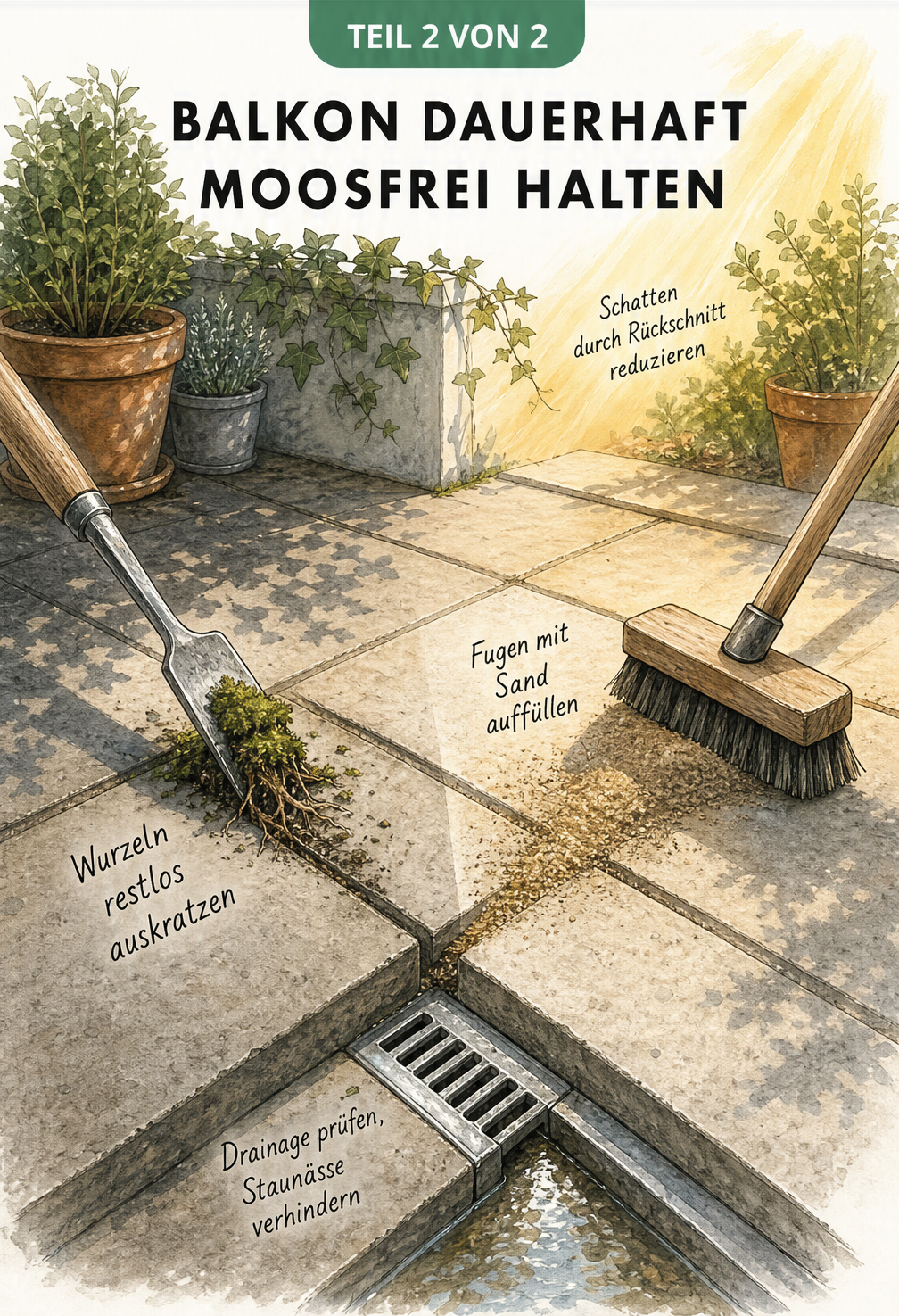 Isometrische Zeichnung eines Balkons mit Tipps zur Vorbeugung von Moos wie Fugen reinigen und Drainage prüfen