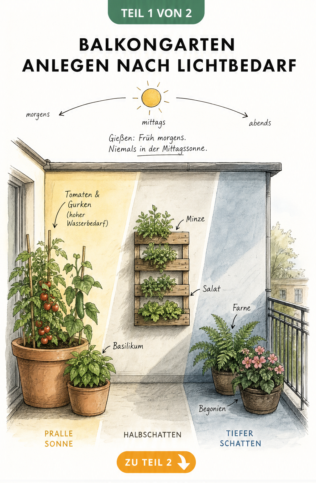 Illustration eines Balkons mit Einteilung in Sonnen-, Halbschatten- und Schattenzonen für verschiedene Pflanzen