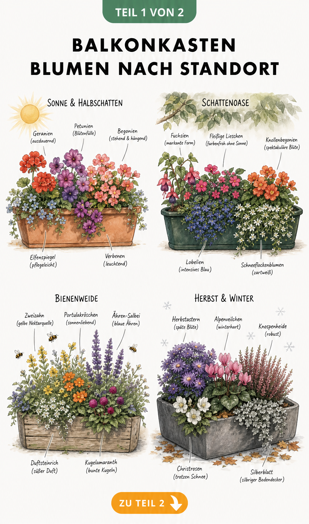 Illustration von vier Balkonkästen mit passenden Blumen für Sonne, Schatten, Bienen und Winter