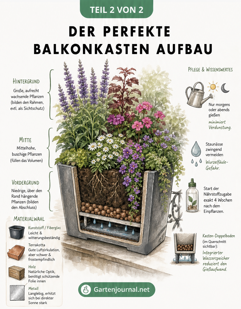 Querschnitt eines Balkonkastens mit Höhenstaffelung der Pflanzen und Pflegetipps