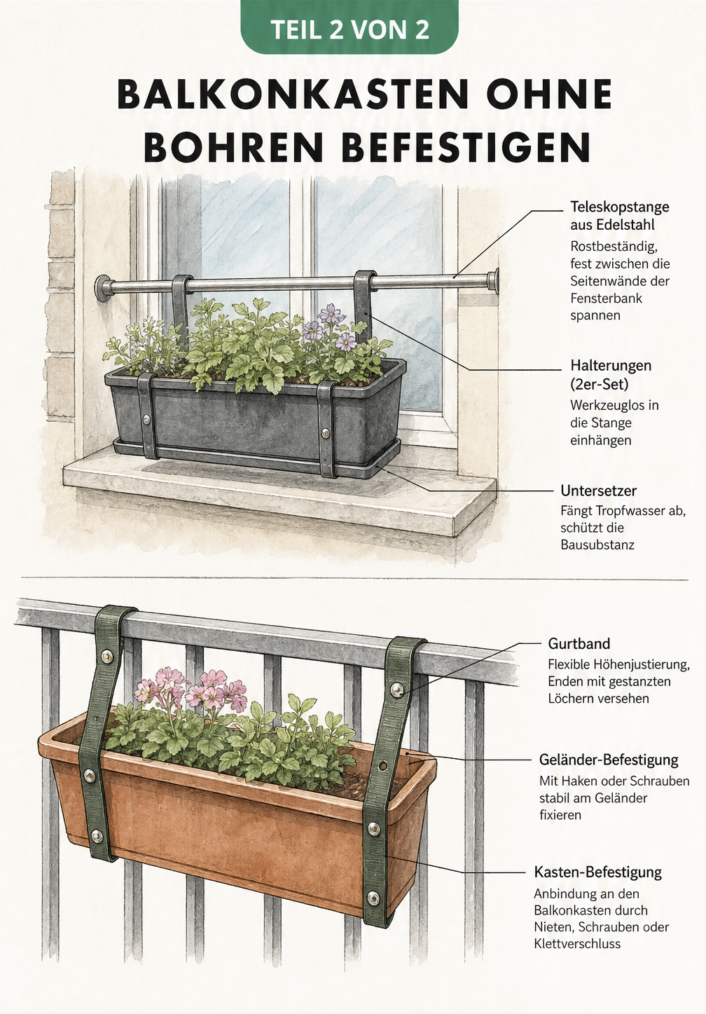 Illustration von zwei Befestigungsmethoden für Balkonkästen ohne Bohren: Teleskopstange in der Fensternische und Gurtband am Balkongeländer