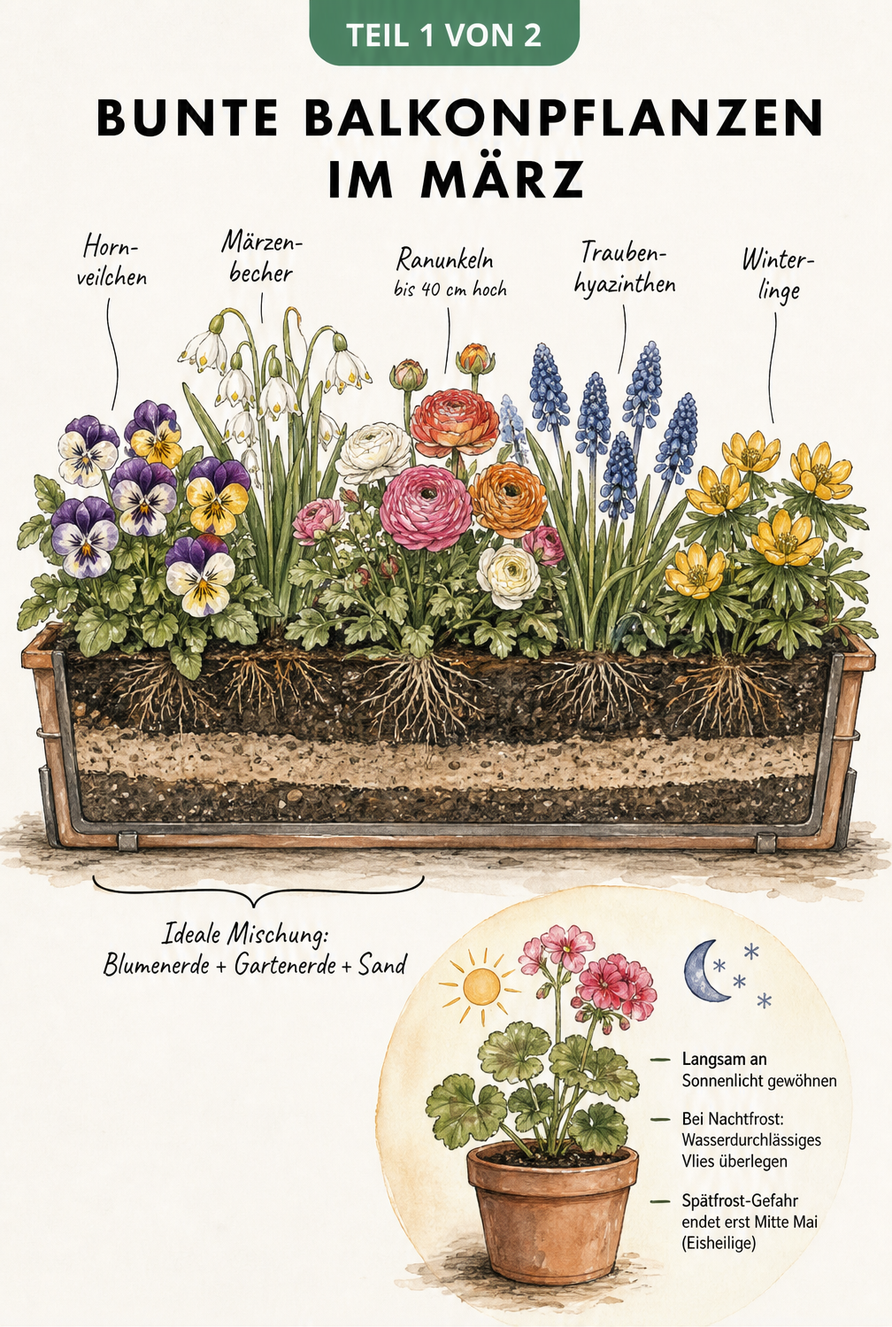 Illustration eines bepflanzten Balkonkastens im Querschnitt mit Frühblühern wie Hornveilchen, Märzenbecher und Ranunkeln sowie der idealen Erdmischung.