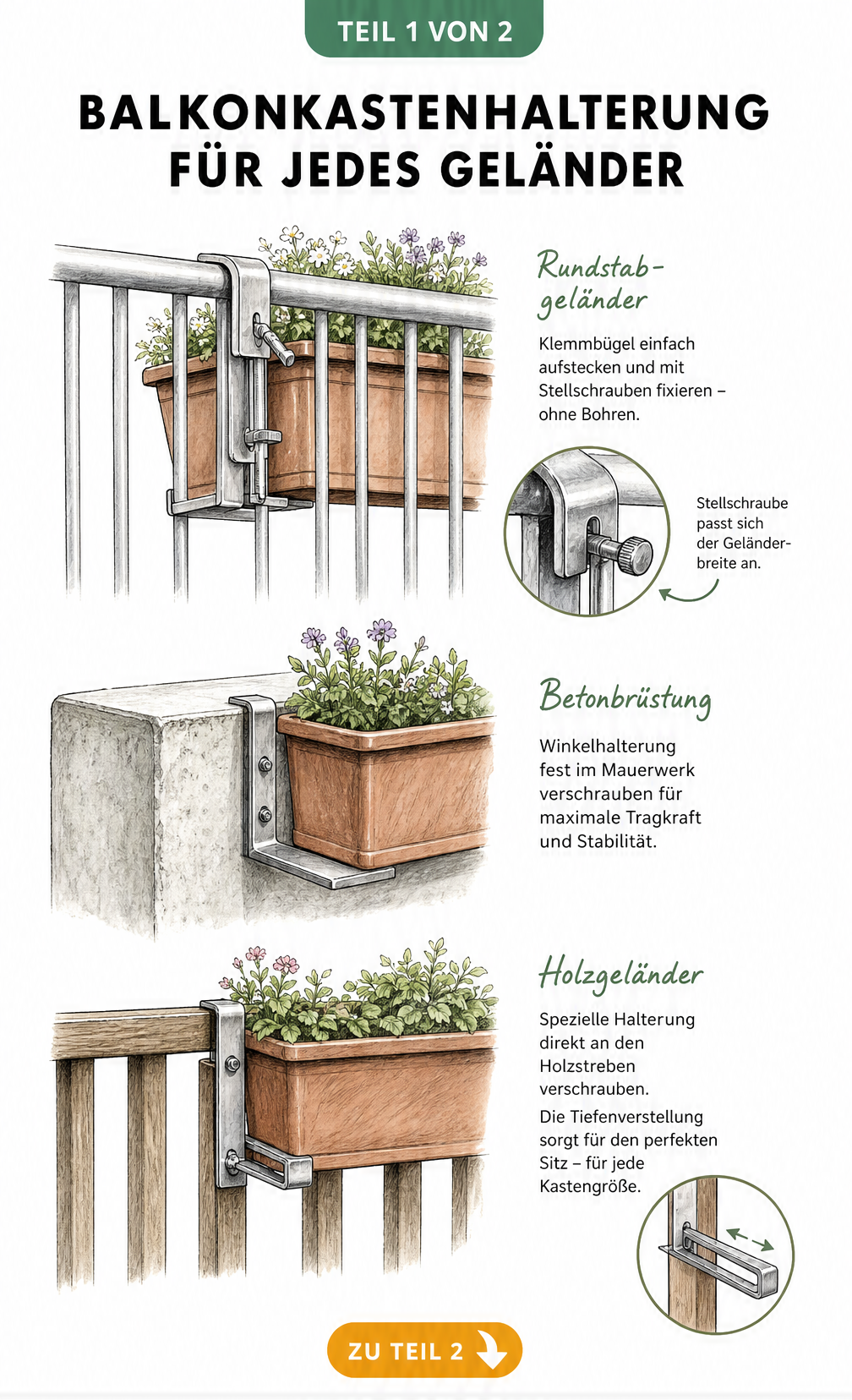 Drei Querschnitte von Balkonbrüstungen mit passenden Halterungen für Metallgeländer, Betonbrüstung und Holzgeländer